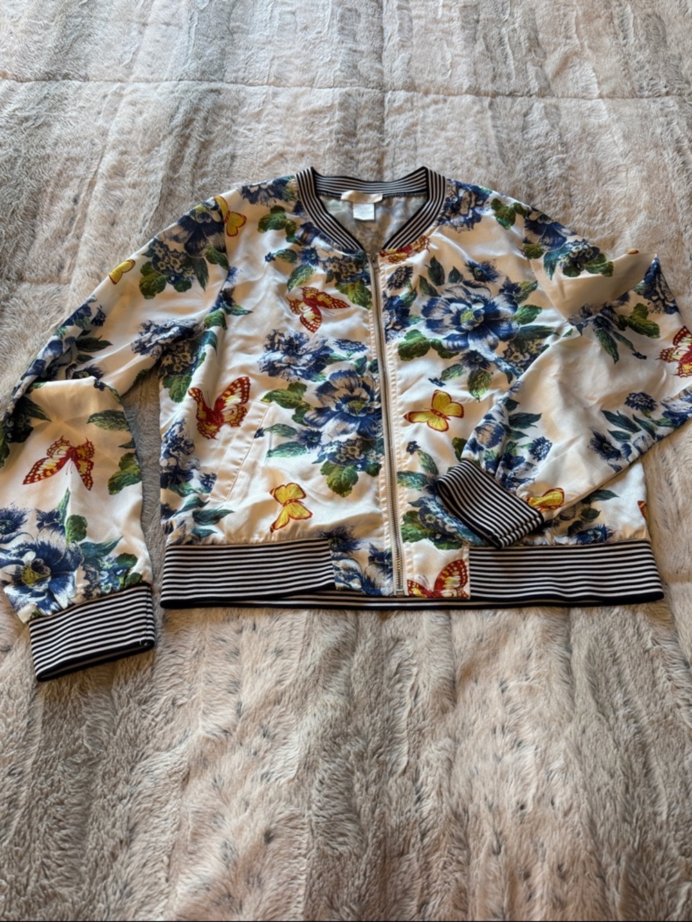 Jealous Tomato | Floral & Butterfly Silky Lightweight Bomber Jacket